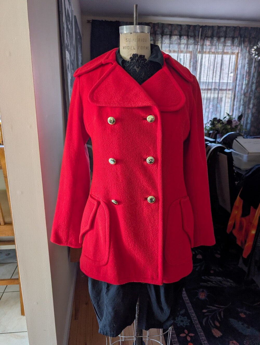 1960s Vibrant Red Double-Breasted Peacoat with Notch Collar